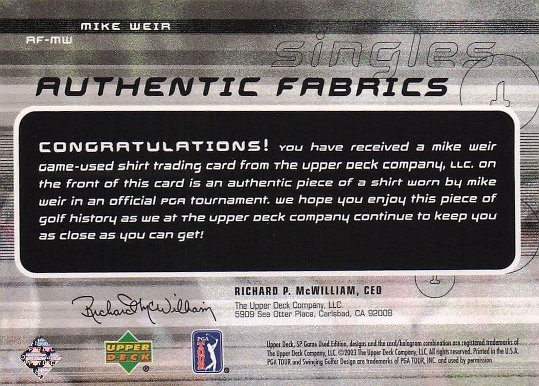 Mike Weir Authentic Fabrics Singles 2003 Golf Upper Deck Worn Shirt Card