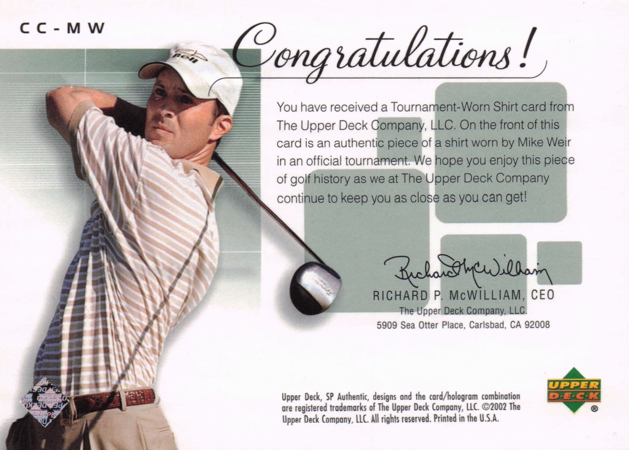 Mike Weir Course Classics 2002 Authentic Worn PGA Tour Golf Shirt Card