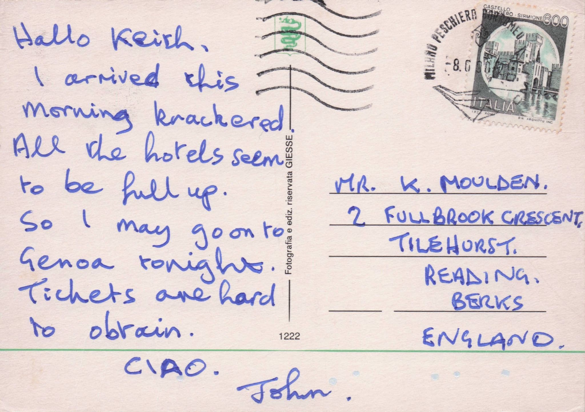 Milan Italia 90 World Cup I Cant Get Football Tickets Postcard