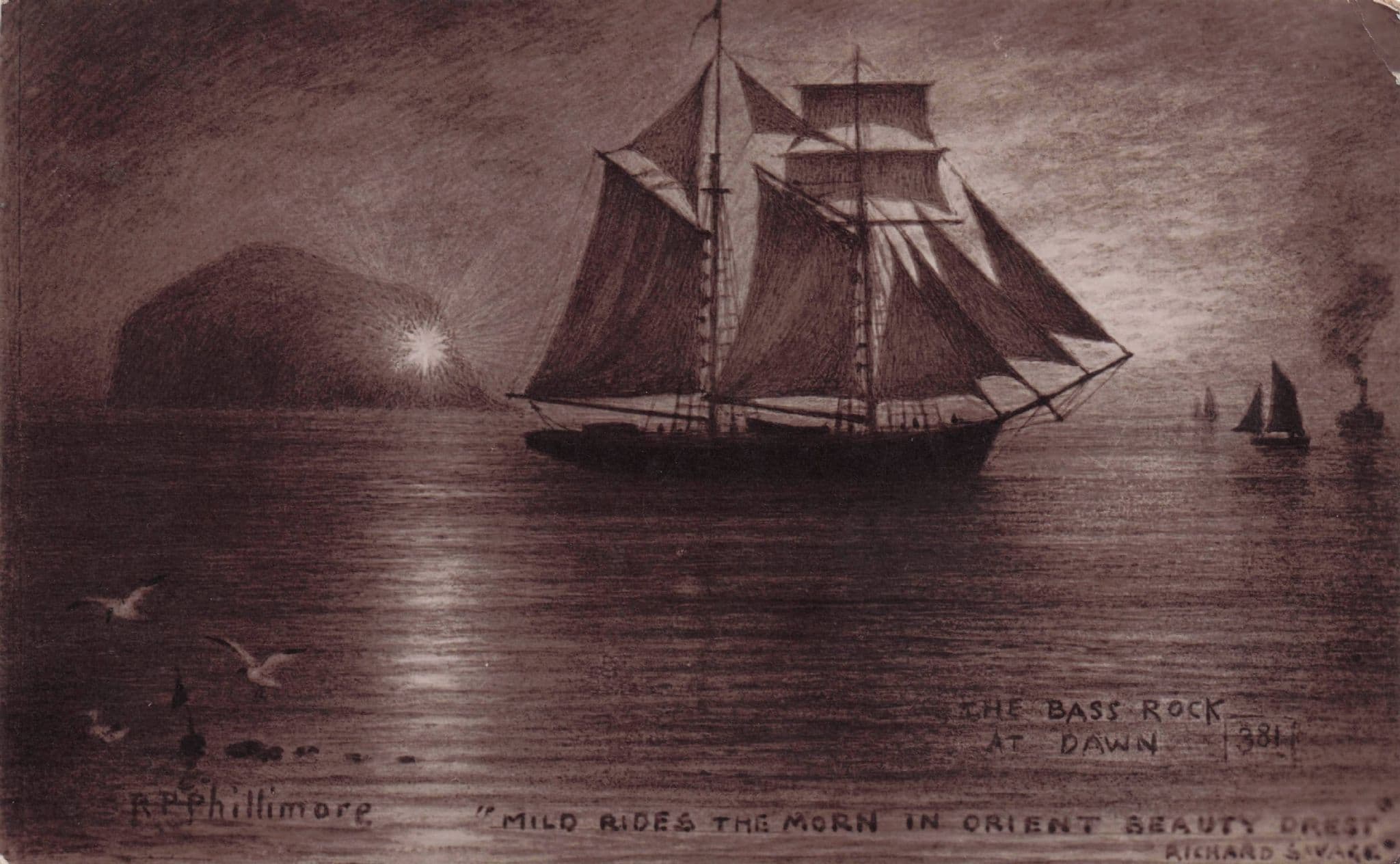 Mild Rides The Morn Phillimore Bass Rock Scottish Ship Old WW1 Postcard
