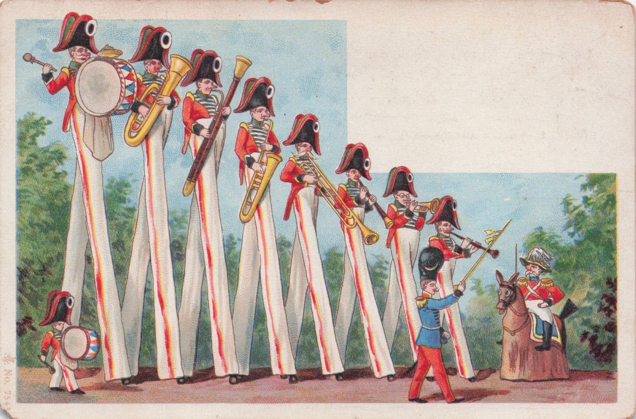Military Horation Nelson Style Musicians On Stilts Old Comic Postcard