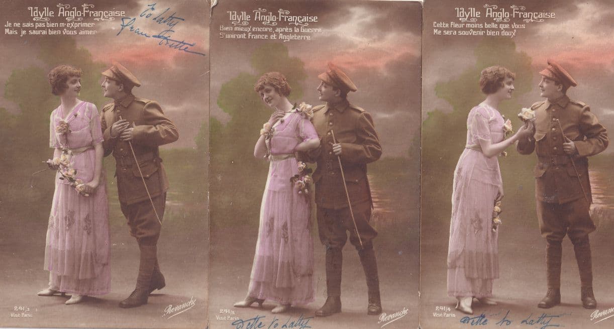 Military Soldier Giving Lady Flowers War Sweetheart 3x Antique French Postcard s