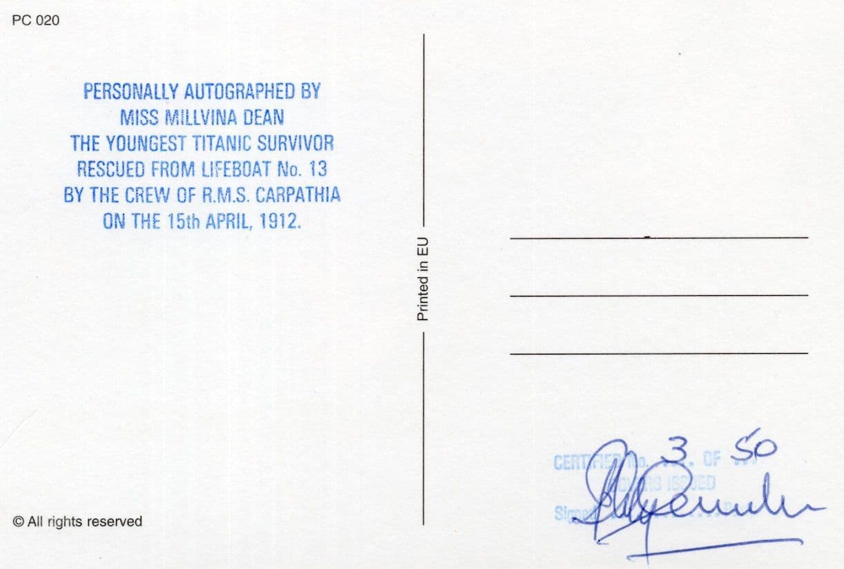 Millvena Dean Titanic Ship Survivor Official Movie Hand Signed Postcard