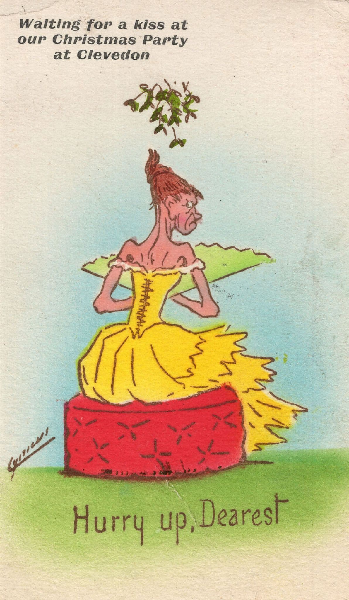 Minger at Clevedon Somerset Wanting Christmas Kiss Comic Old Postcard