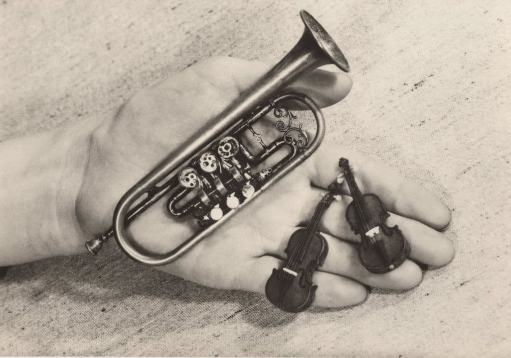Miniature Old Toy Trumpet Violin in Palm Of Hand RPC Postcard