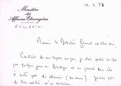 Minister for Europe & Foreign Affairs of France Hand Signed Letter