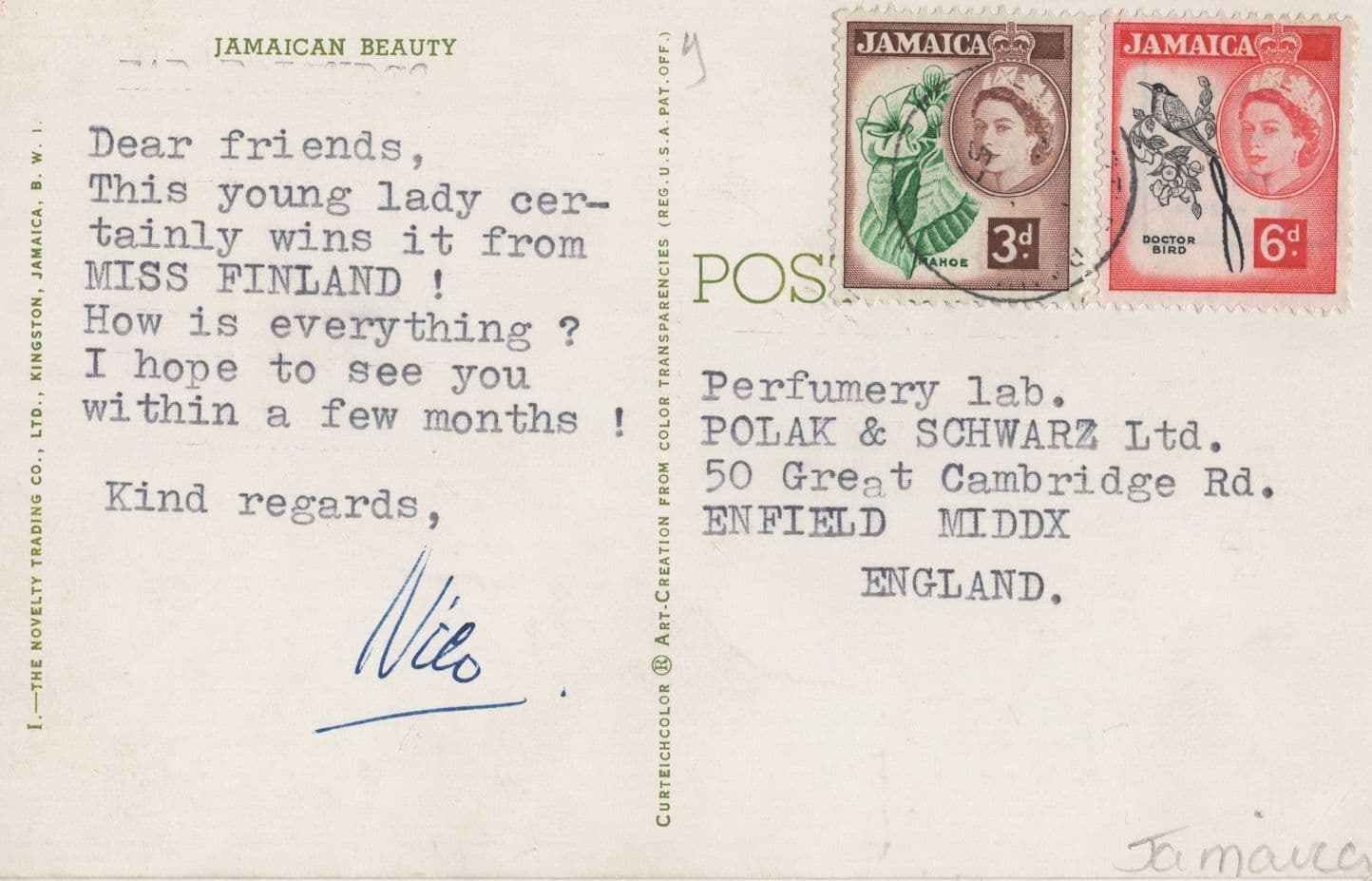 Miss Finland in Jamaica Beauty Queen Rare Postcard