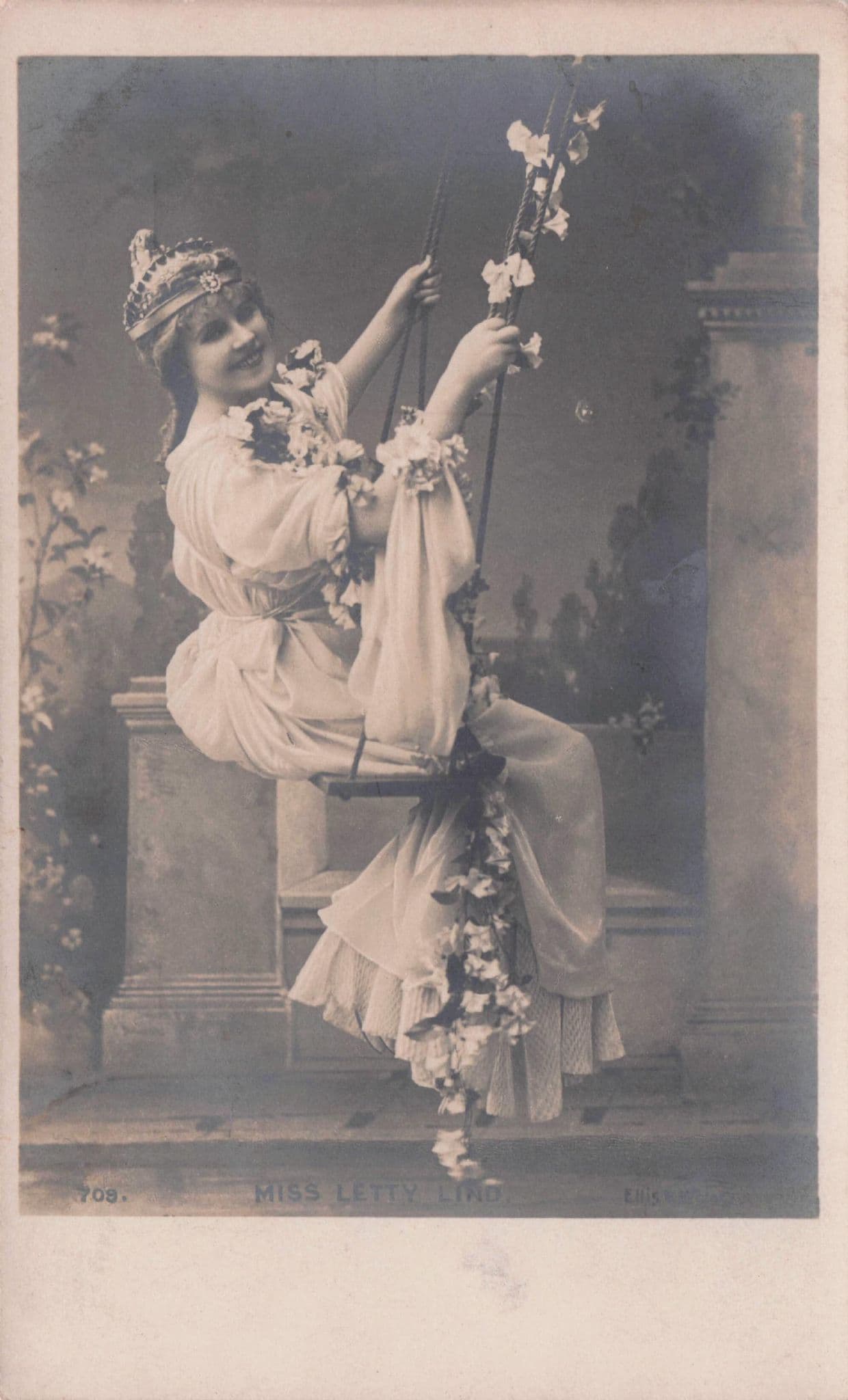 Miss Letty Lind Laughing on Swing Edwardian Actress Old Postcard