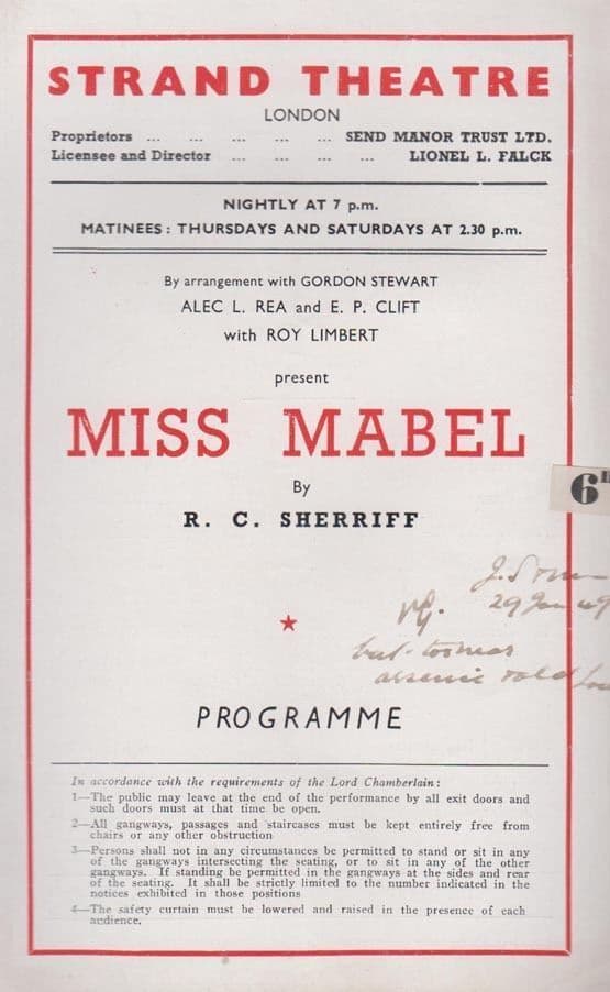 Miss Mabel RC Sherriff The Strand Drama London Theatre  Programme