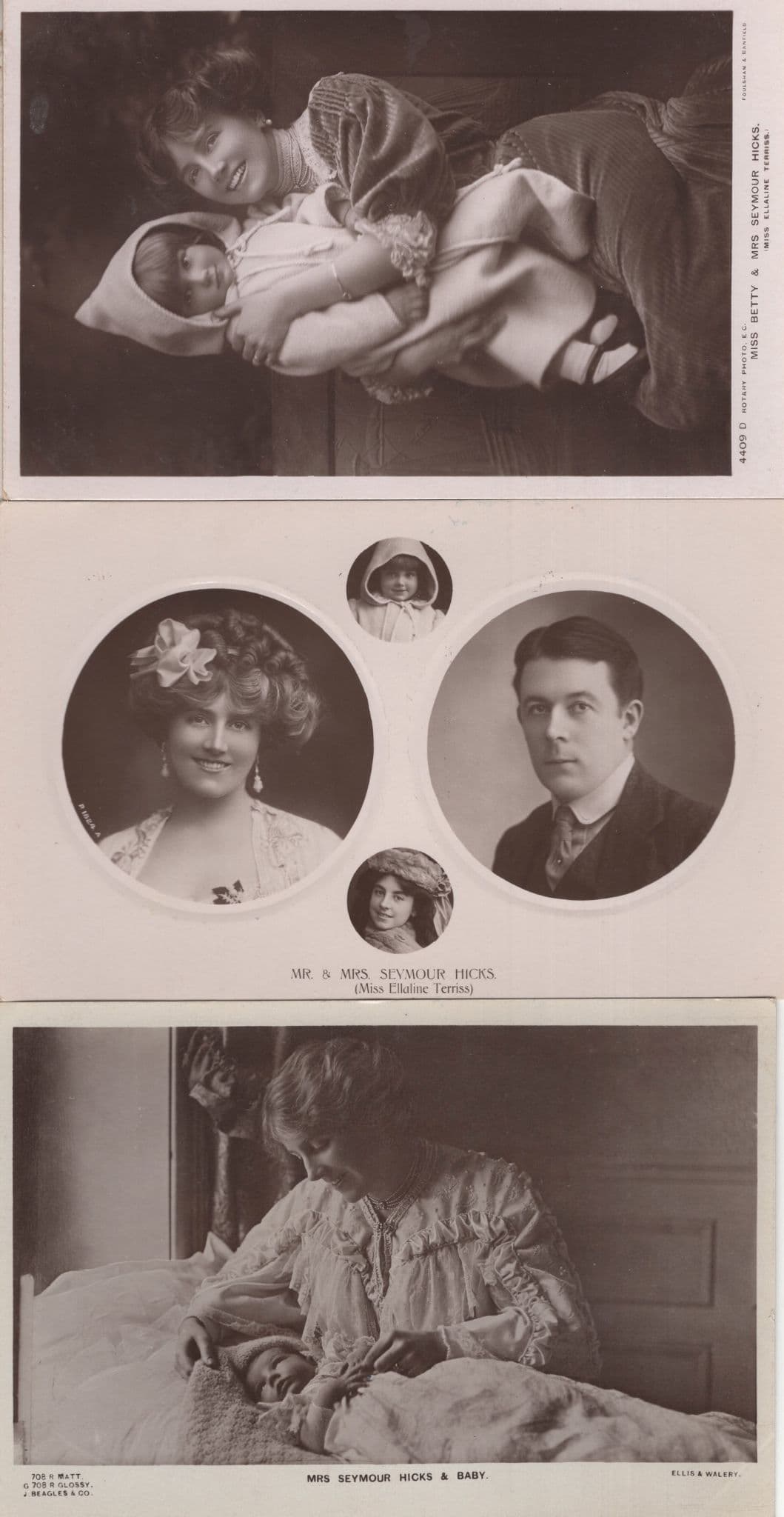 Miss Seymour Hicks & Her Baby + Husband 3x Library RPC Postcard s