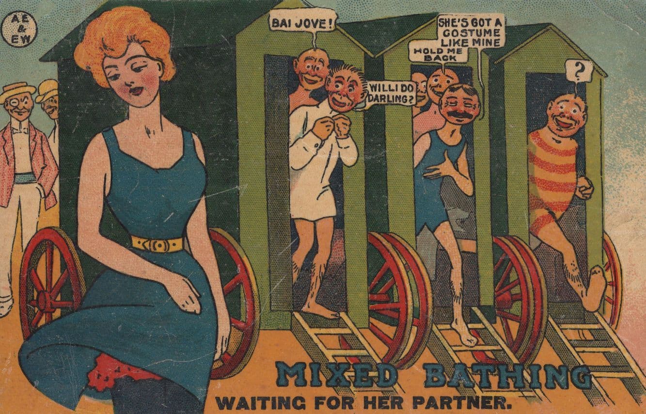 Mixed Bathing Sharing Changing Rooms Beach Gender Comic Old Postcard