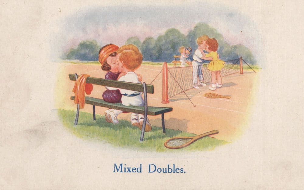 Mixed Doubles Tennis Comic Kissing Romance Old Postcard