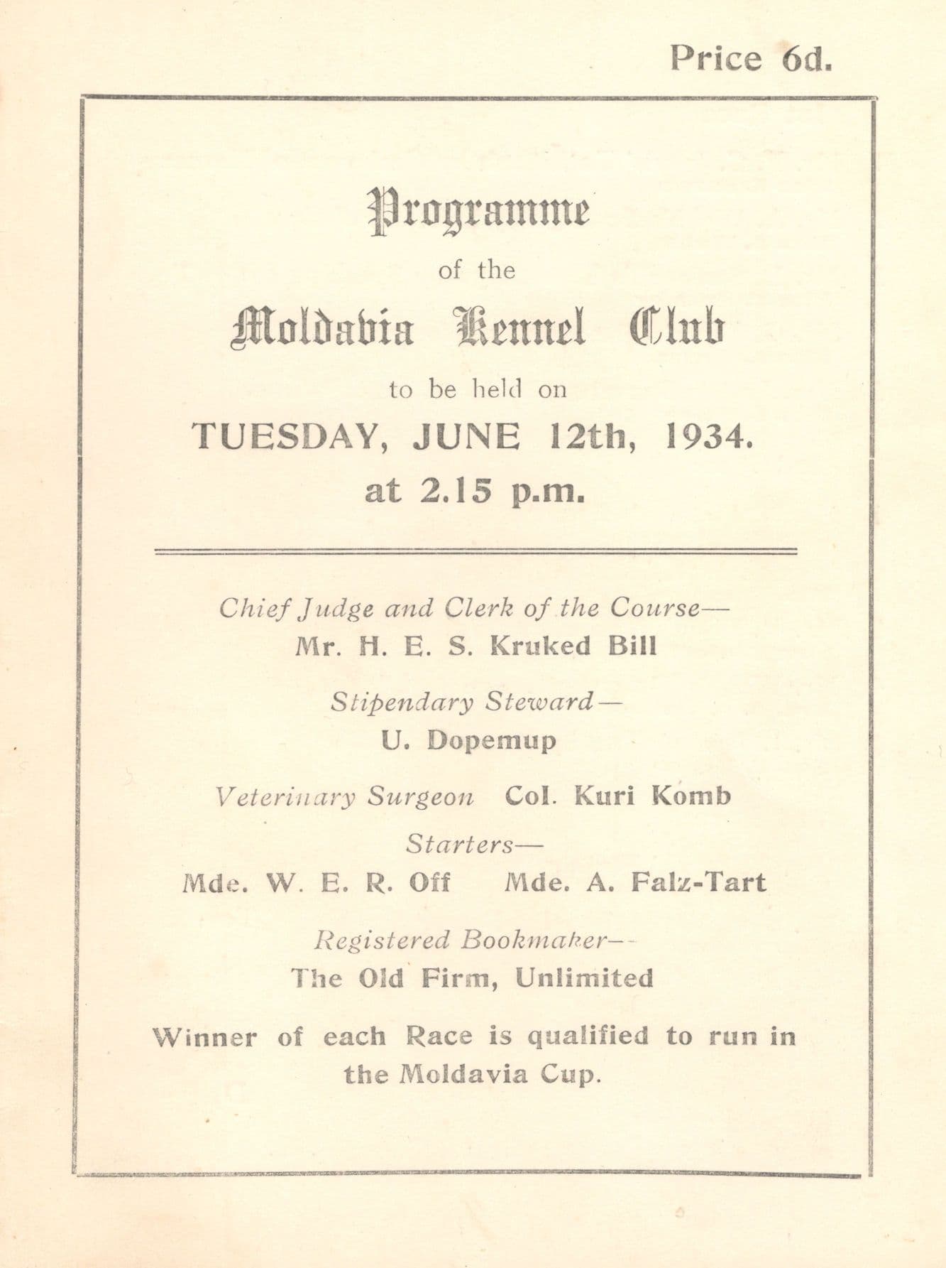 Moldavia Kennel Club 1934 Programme From RMS Old Ship Collection