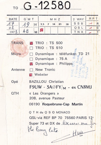 Monaco QSL Radio Card Grand Prix Postcard Style Paris Ephemera