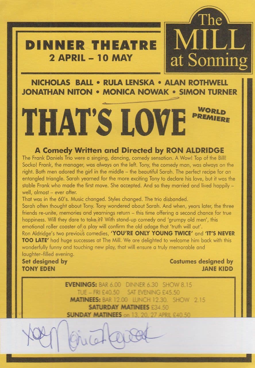Monica Nowak The Mill at Sonning Thats Love Premiere Hand Signed Theatre Flyer