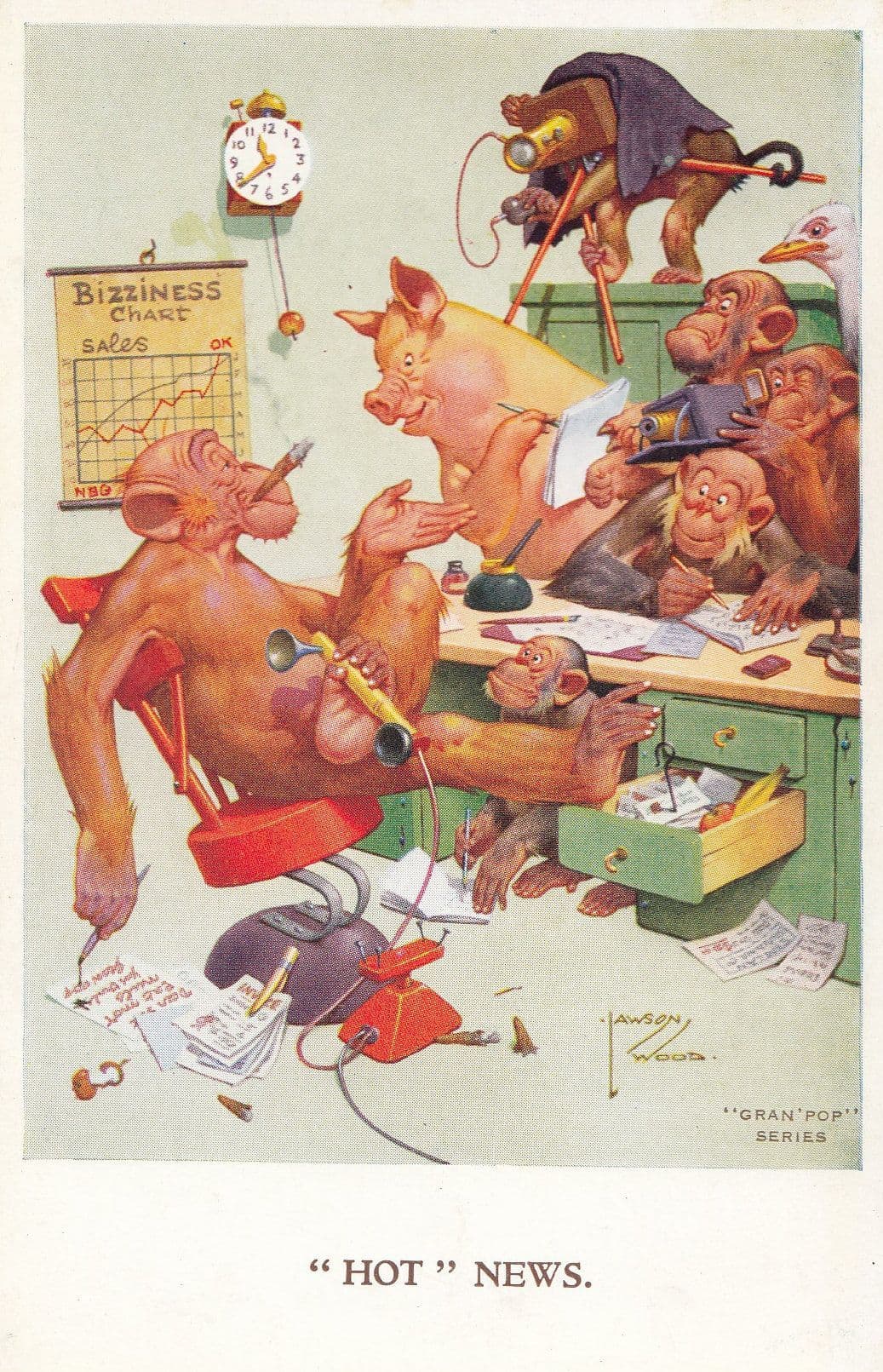 Monkey Smoking Journalist In Newspaper Office Old Comic Postcard