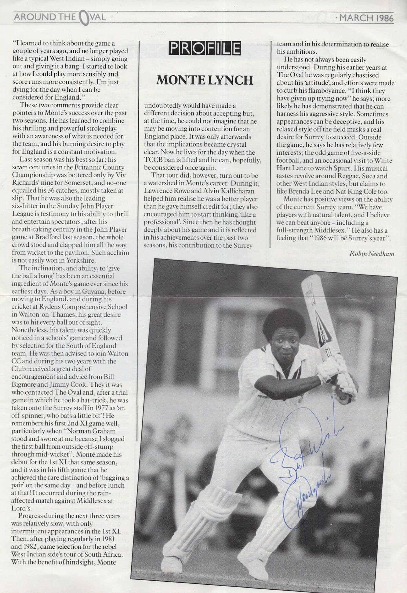 Monte Lynch Batsman Cricket Hand Signed Oval Photo Guide