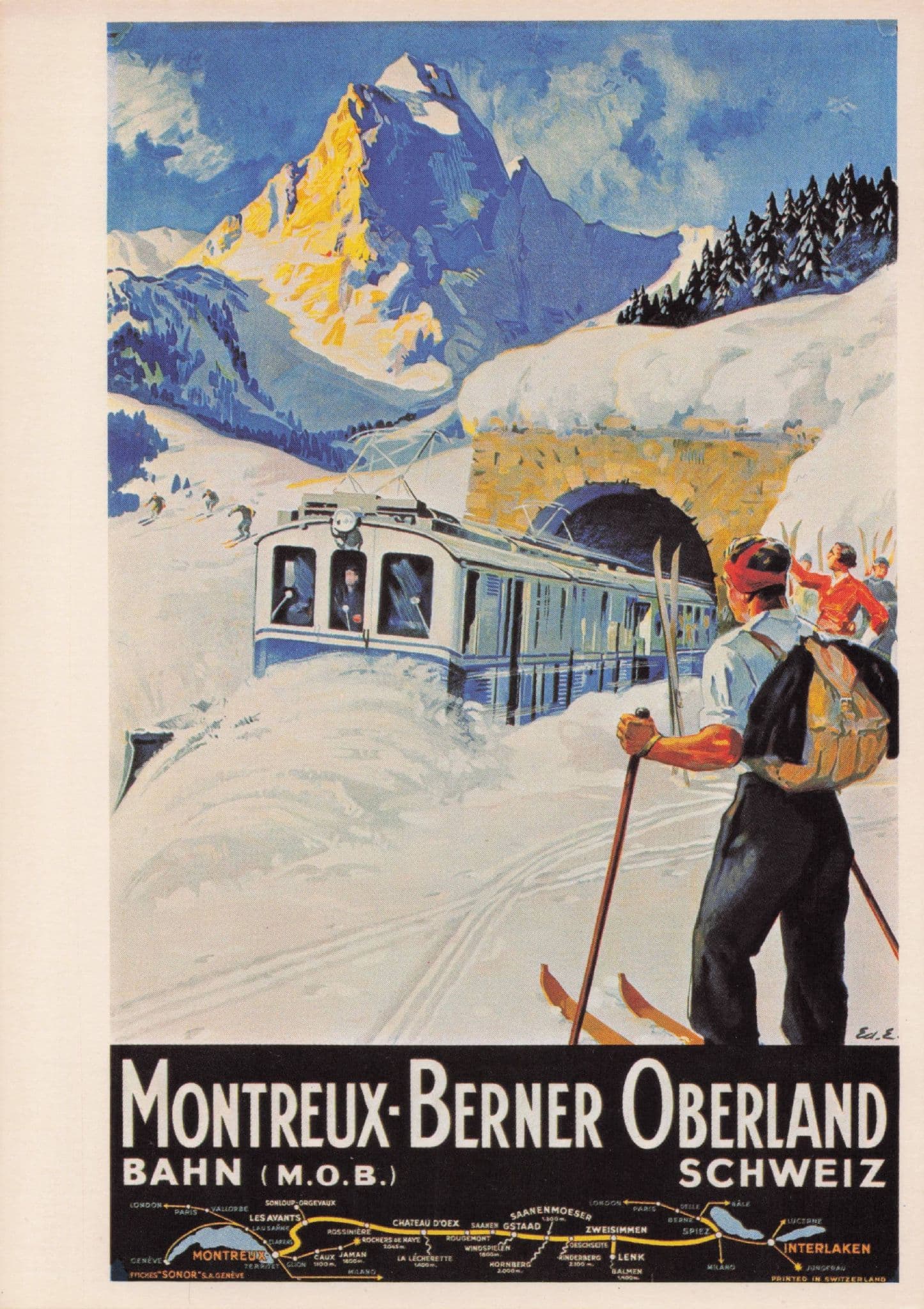 Montreux Berner Oberland Swiss Winter Travel Advertising Poster Postcard