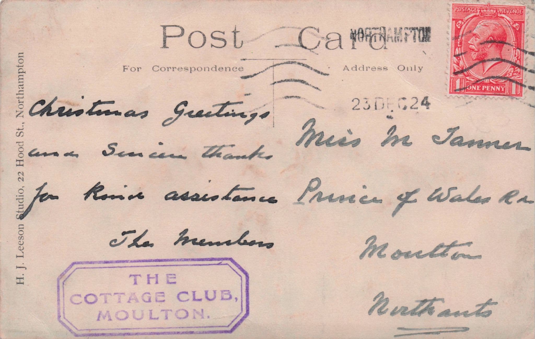 Moulton Cottage Billiards Snooker Club Northampton Antique Postcard