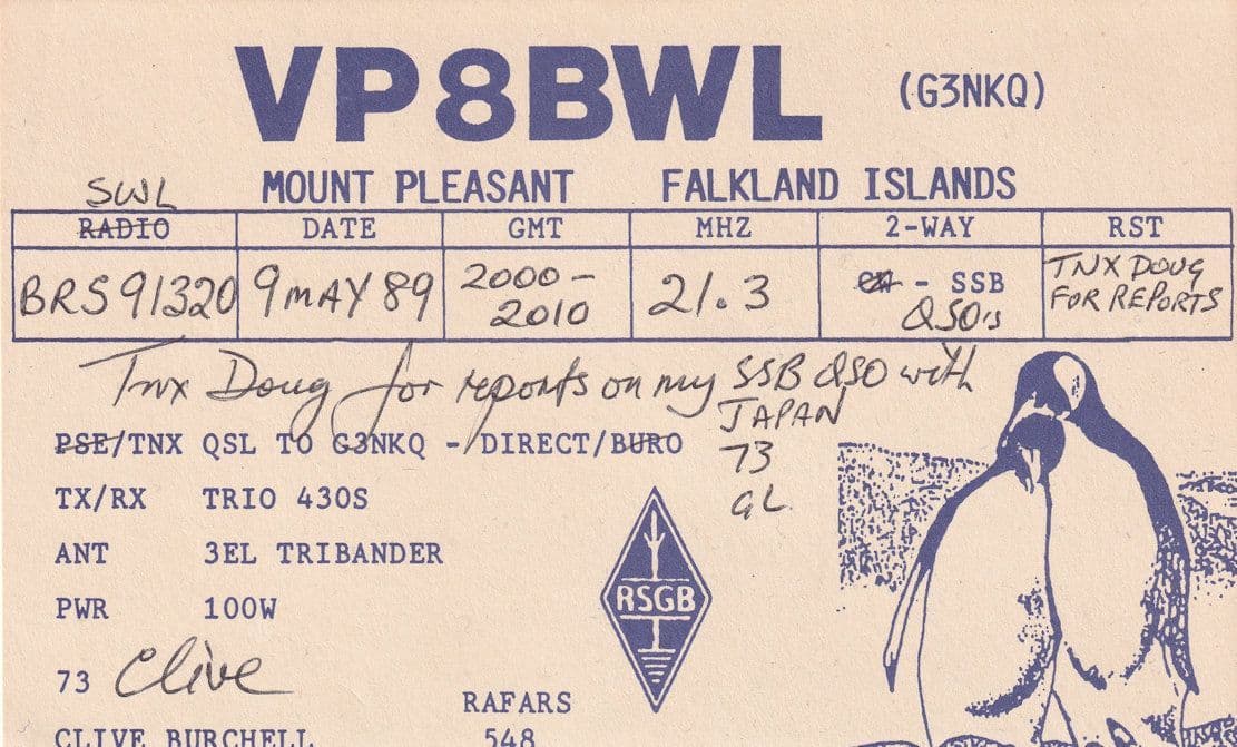 Mount Pleasant The Falkland Islands Penguins Japan QSL Amateur Radio Card