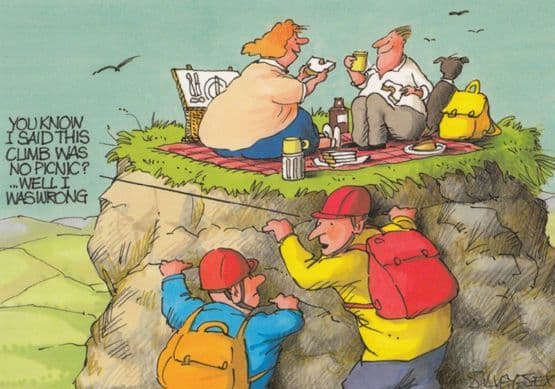 Mountain Climbers Picnic Disaster Comic Humour Postcard
