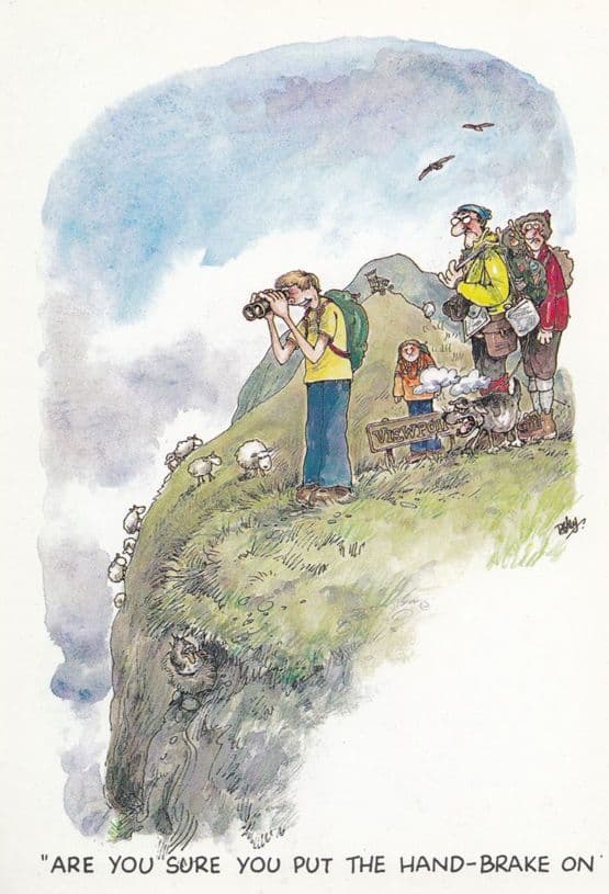 Mountain Ramblers Climber Fallen Dead Binoculars Scottish Comic Humour Postcard