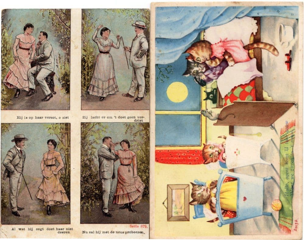Mouse In Cats Bedroom Dutch Holland 2x Comic Old Postcard