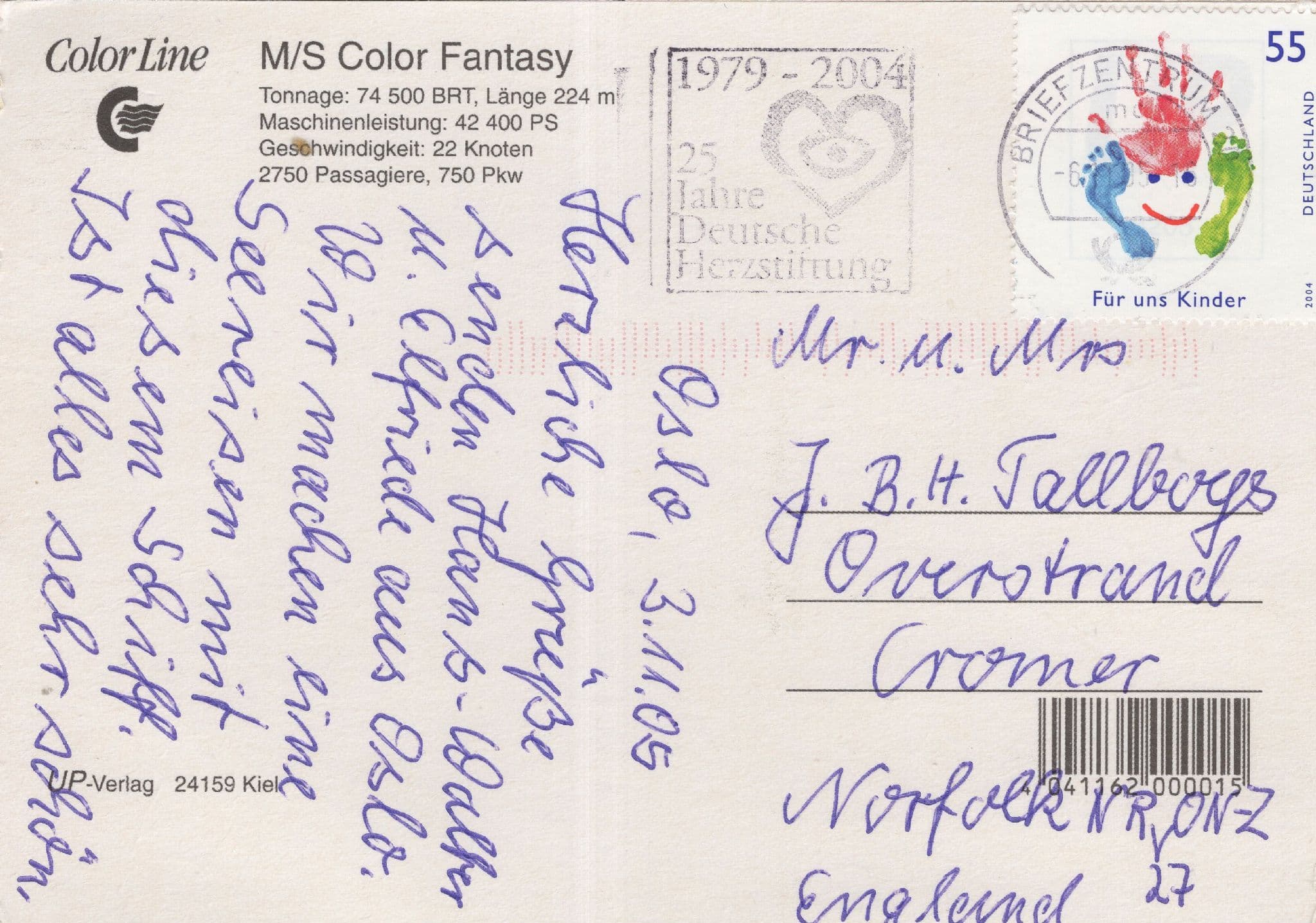 MS Color Fantasy German Cruise Passenger Ship Voyage Postcard