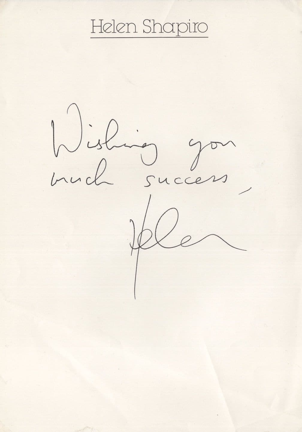 Much Success From Helen Shapiro Official Hand Signed Headed Paper