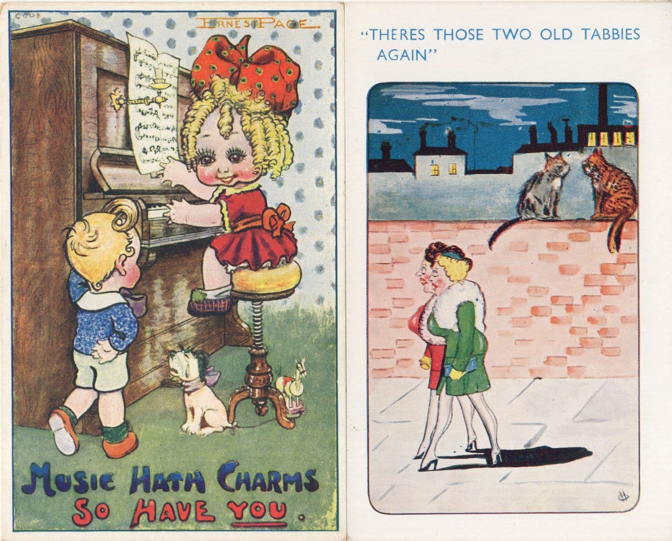 Music Hath Charms Two Old Tabbies Piano 2x Old Comic Postcard s