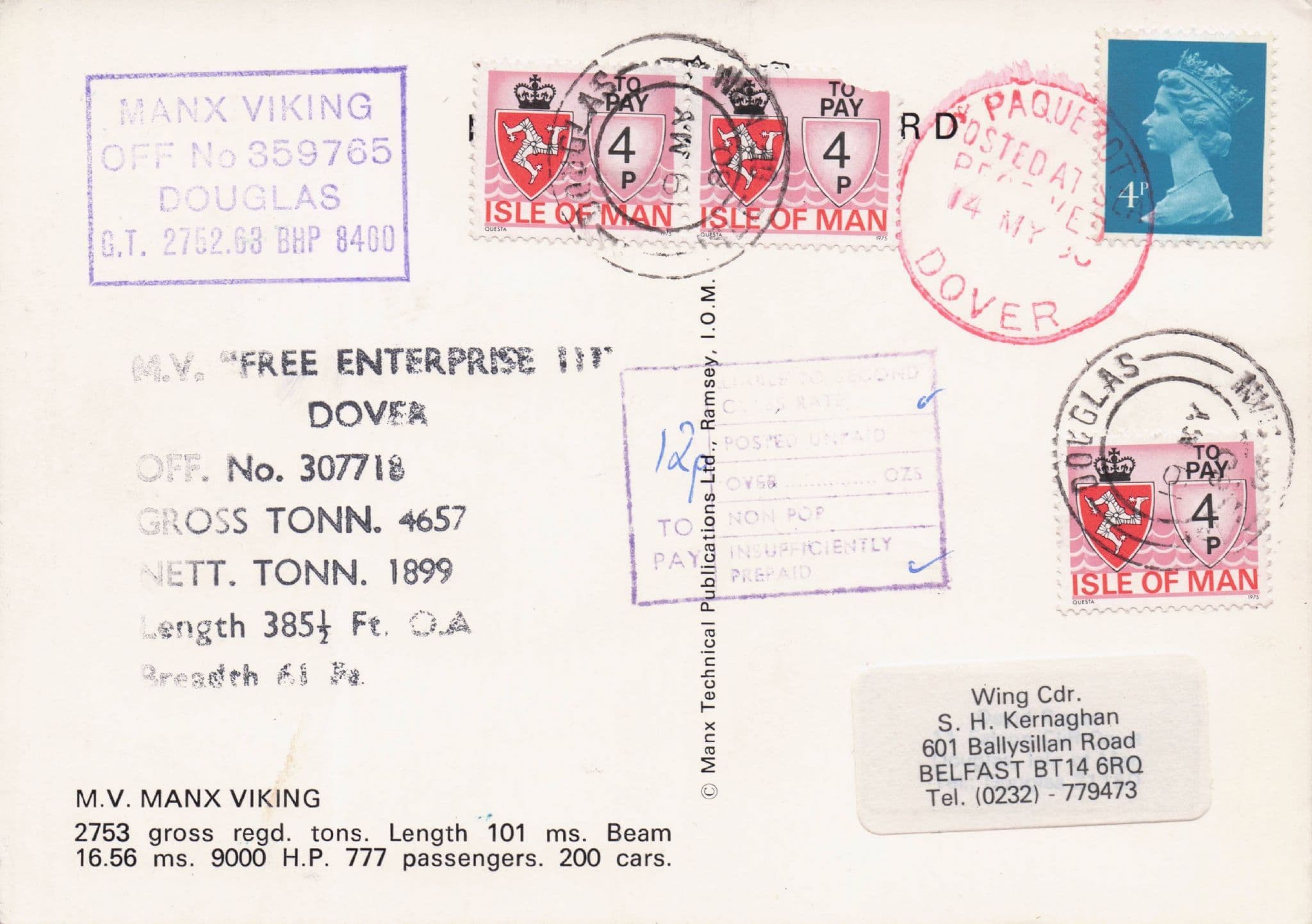 MV Manx Viking Douglas Dover Ship Posted On Board Postcard