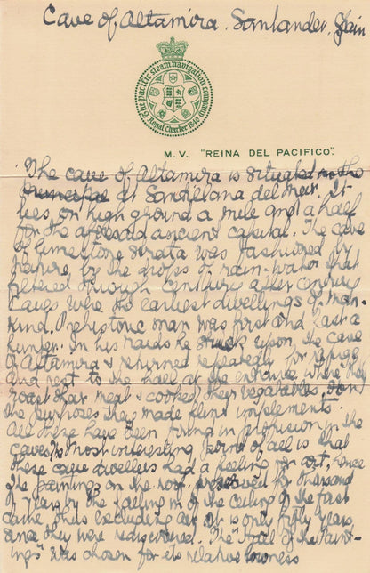 MV Reina Del Pacifico 1935 Cruise Altamira Spanish Prehistoric Caves Letter