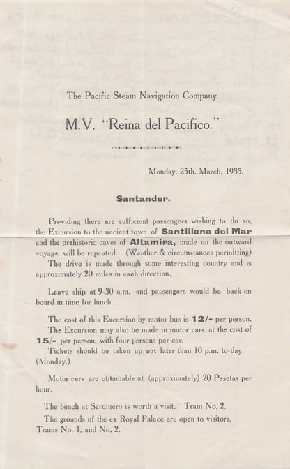 MV Reina Del Pacifico 1953 Cruise To Spanish Prehistoric Caves Letter