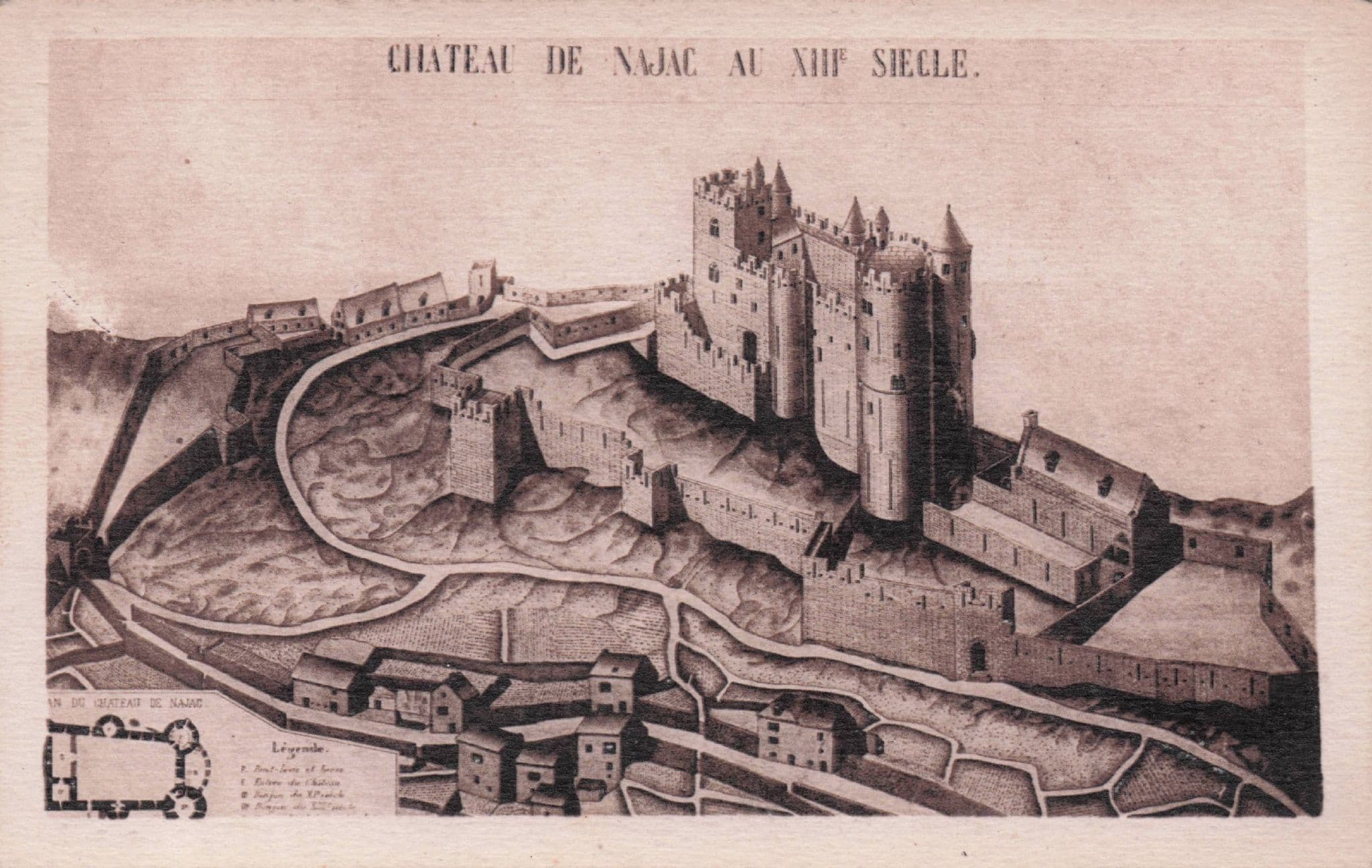 Najac Chateau Antique Aerial Map French Old Postcard