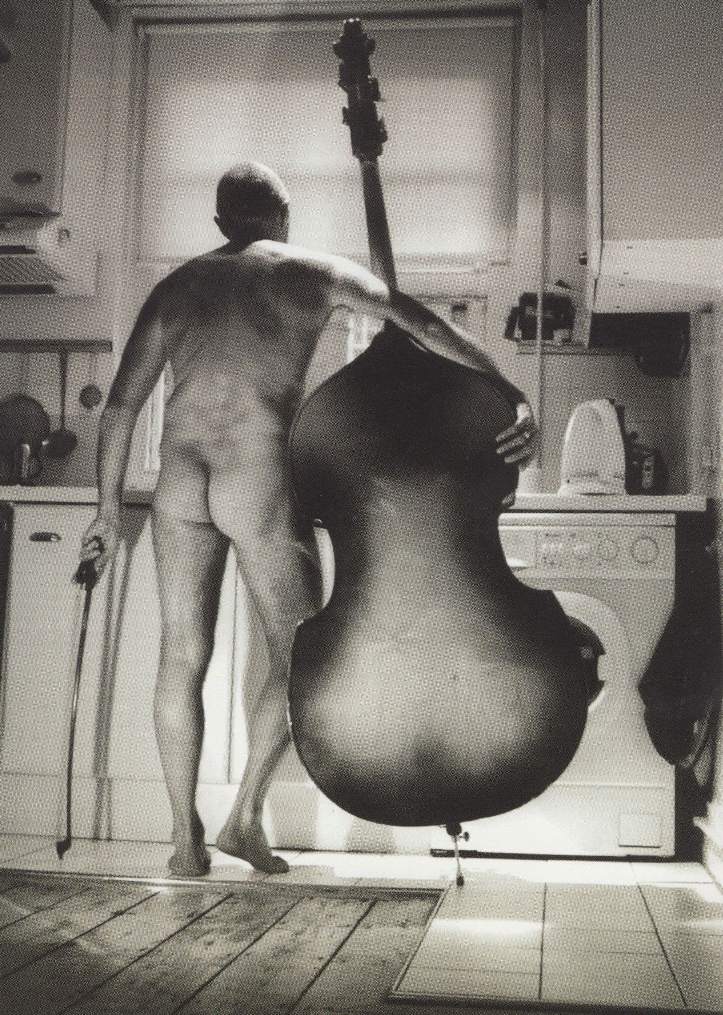 Naked Man In Kitchen With Giant Cello Bass Advertising Postcard