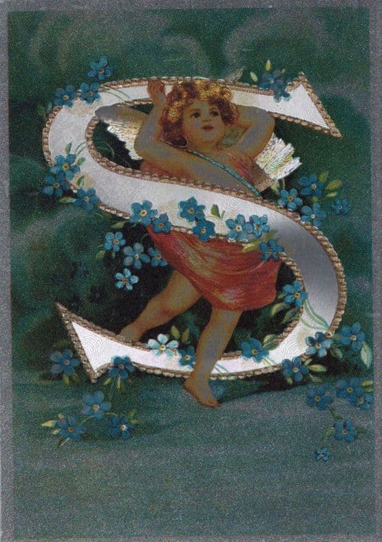 Name Begin With The Letter S Cupid Angel Metallic Love Stunning Glitter Postcard