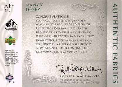 Nancy Lopez Authentic Fabrics 2004 Upper Deck Real Golf Shirt Card