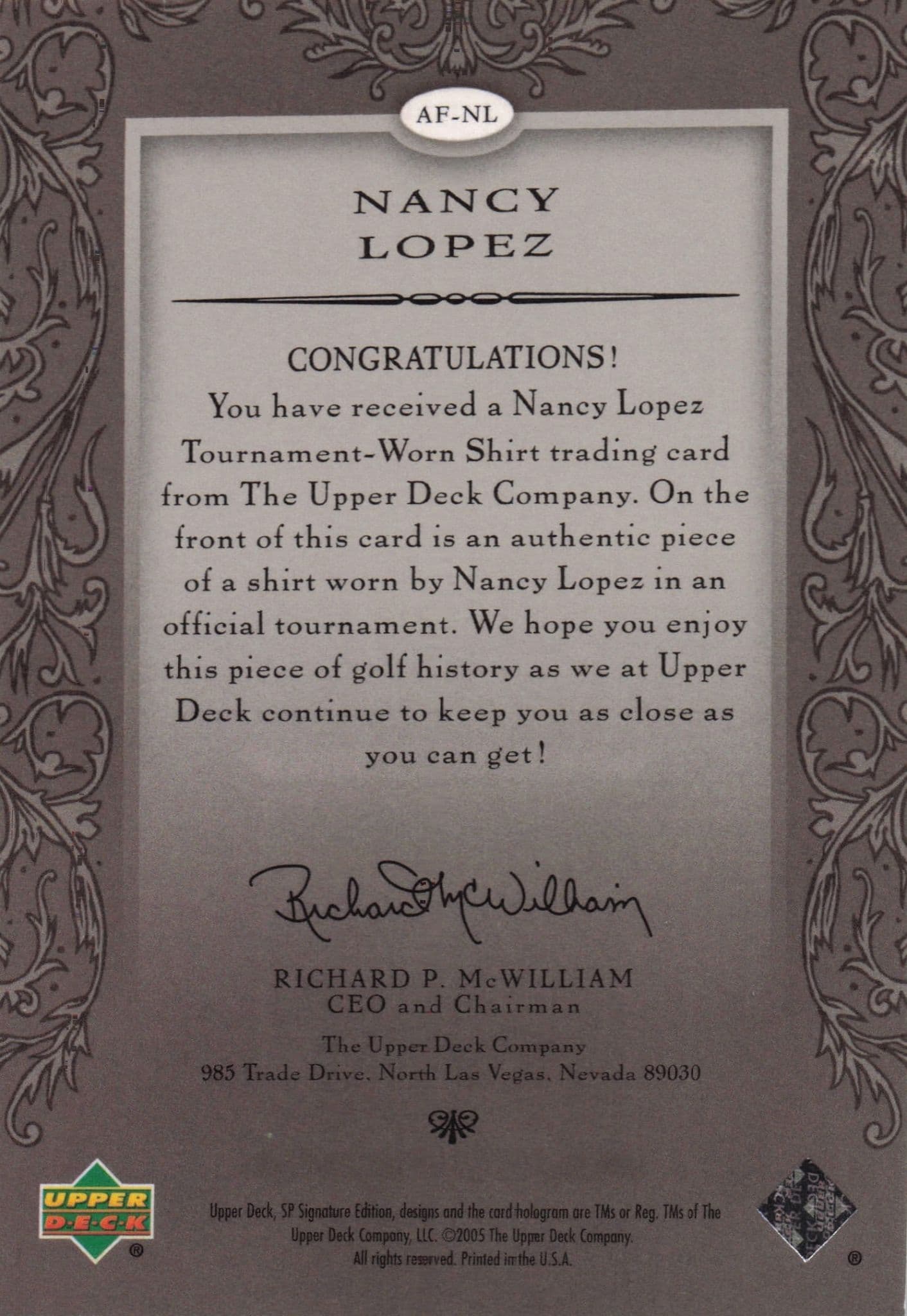Nancy Lopez Authentic Fabrics 2005 SP Golf Upper Deck Worn Shirt Card