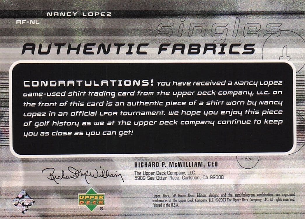 Nancy Lopez Authentic Fabrics Singles 2003 Golf Worn Shirt Card
