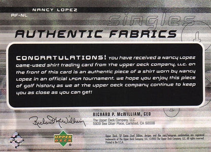 Nancy Lopez Authentic Fabrics Singles 2003 Golf Worn Shirt Card