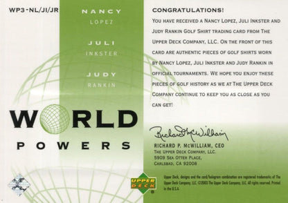 Nancy Lopez Juli Inkster Judy Rankin Triple World Powers Worn Golf Shirt Card