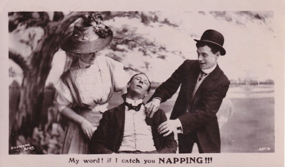 Napping Sleeping Charlie Chaplin Style Silent Movie Comic RPC Postcard