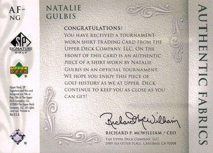 Natalie Gulbis Authentic Fabrics 2004 Upper Deck Real Golf Shirt Card