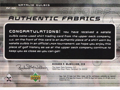 Natalie Gulbis Authentic Fabrics Singles Golf Upper Deck Worn Shirt Card