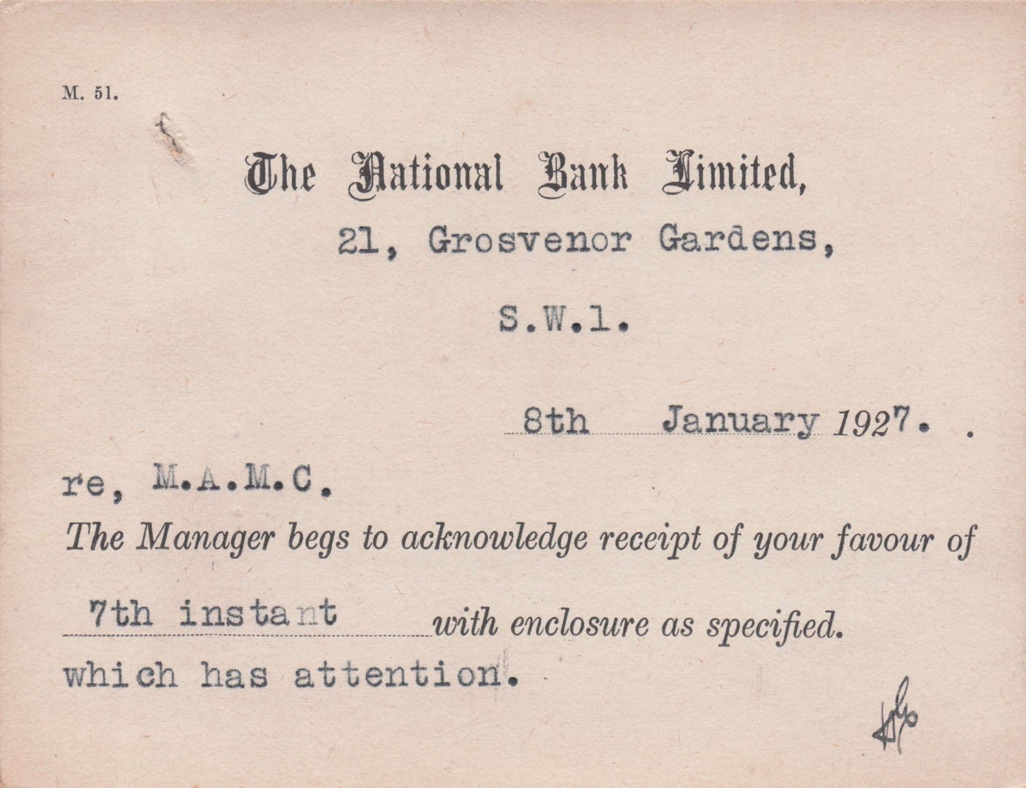 National Bank South West London 1927 Manager Receipt Old Postcard