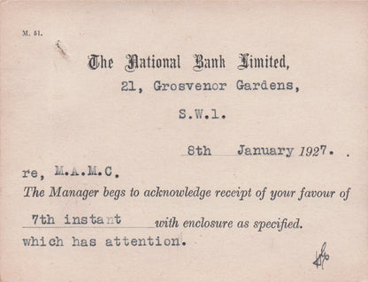 National Bank South West London 1927 Manager Receipt Old Postcard