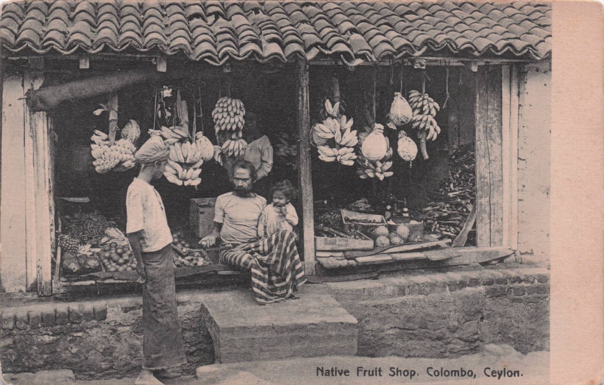 Native Fruit Shop Colombo India Owner & Child Old Postcard