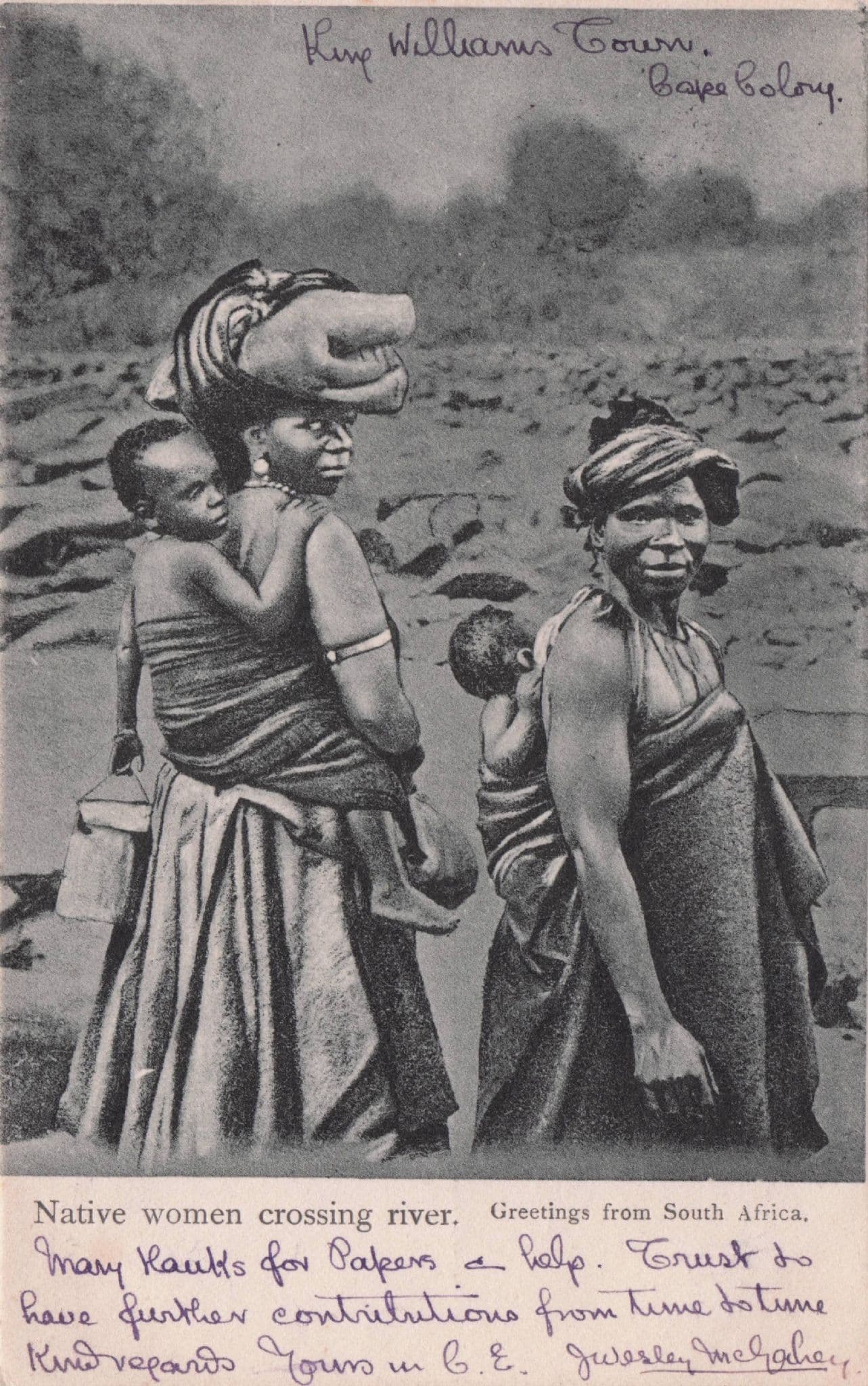 Native Women Crossing River South Africa Greetings Antique Postcard