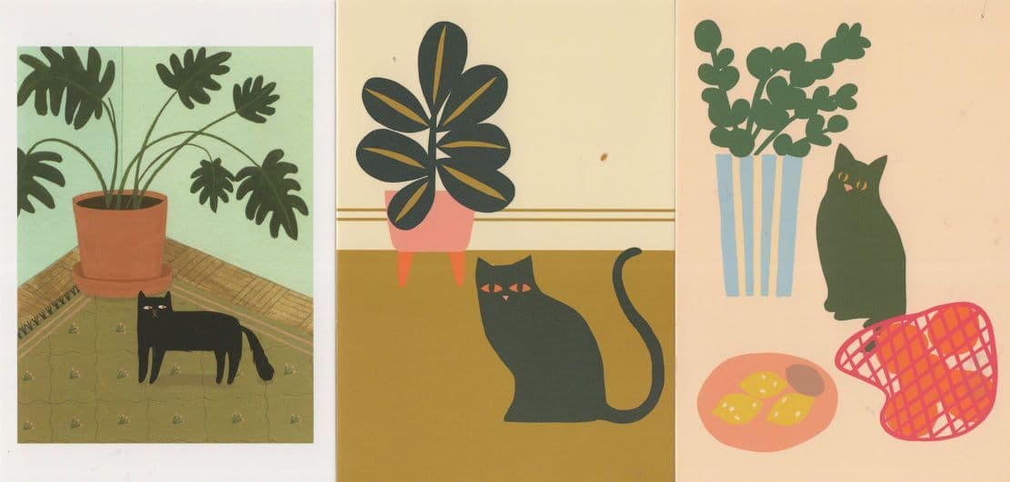 Naughty Black Cats Flower Pots 3x Painting Cat Postcard s