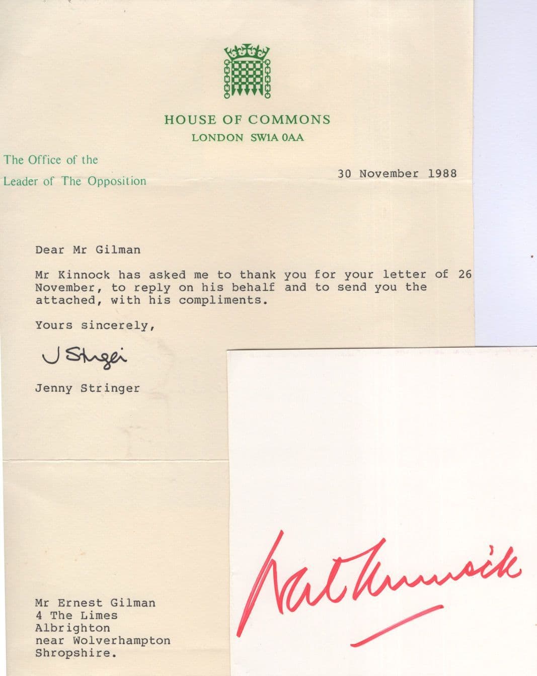 Neil Kinnock Hand Signed House Of Commons Letter Autograph Card